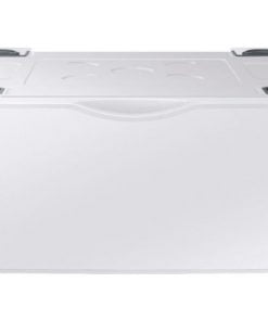 A white chest freezer with four black corner handles is seen from the front. The freezer has a smooth, solid lid with a slight indentation in the center for easy opening. The design is minimalist and simple.